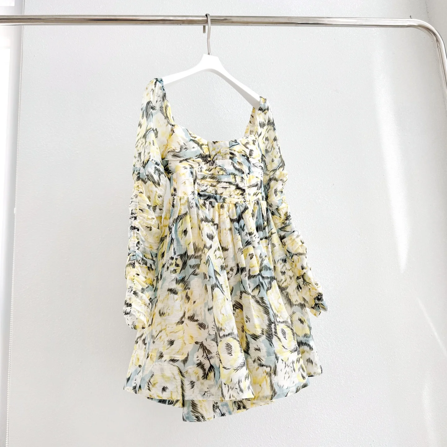 

Spring and summer loose high waist floral printed square collar long sleeve evening dress dress long ankle skirt lace-up design