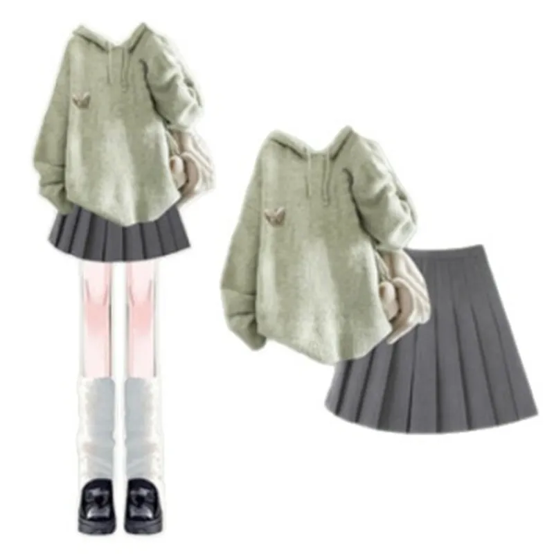 مجموعة أزياء المرأة الربيع والخريف فراشة مقنعين محبوك سترة عالية الخصر مطوي تنورة قصيرة قطعتين مجموعة