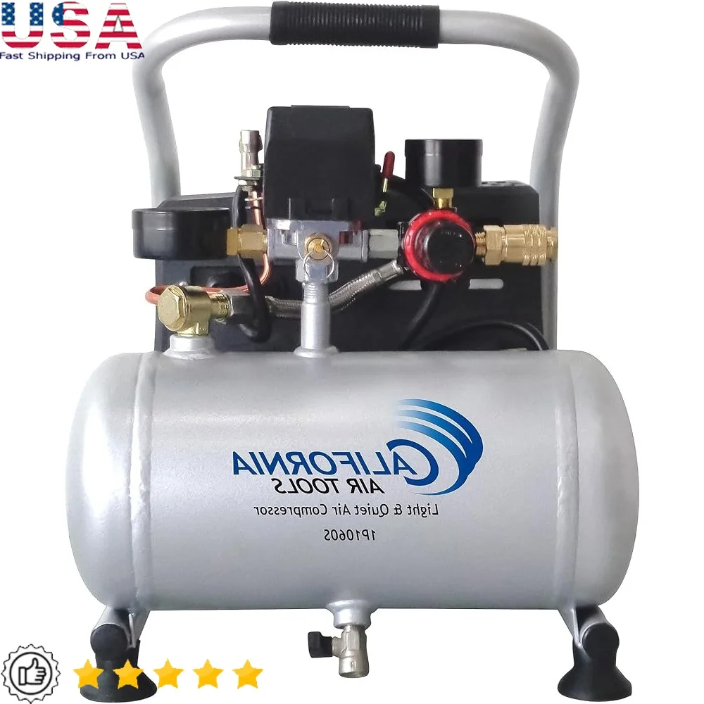 Compresor de aire portátil ligero, sin aceite, ultra silencioso, 56 dBA, tanque de acero de 1 galón, pistolas de clavos ideales de 6 HP, inflado de neumáticos