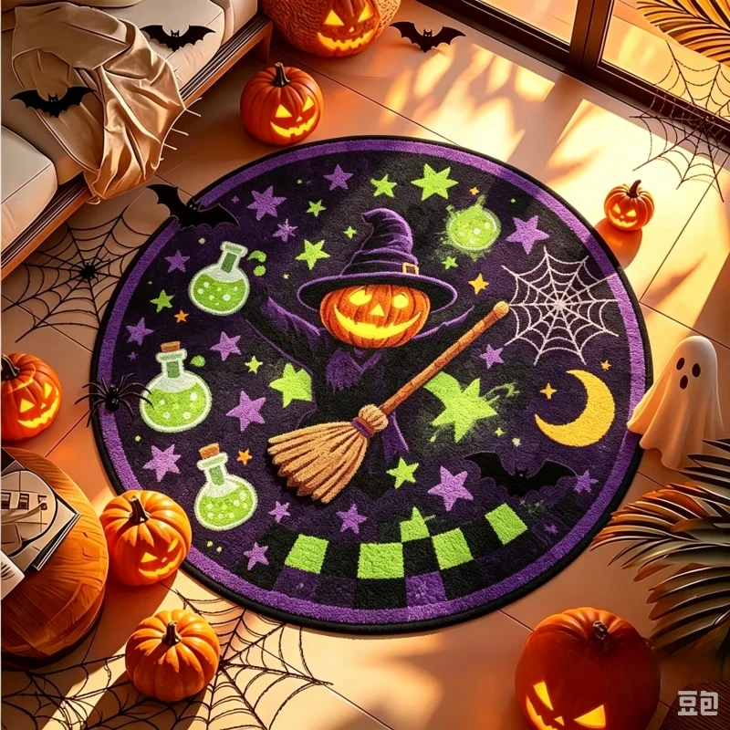 Pumpkin Witch Broom Round Rug, Star Moon Spider Web Printed Floor Mat, Halloween Home Indoor Decoration Carpet