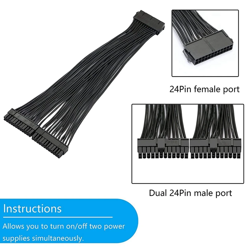 Fonte de alimentação dupla ttkk 3x, cabo divisor de placa-mãe atx de 24 pinos, 24 pinos (20 + 4) para cabo de extensão de placa-mãe atx