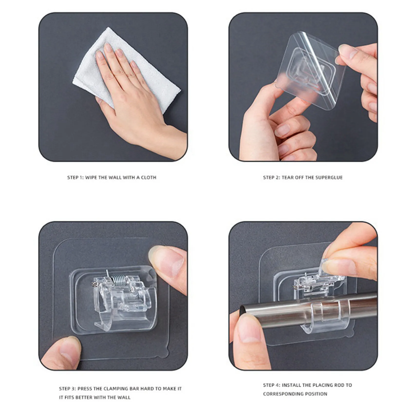 AT44-16PCS sin taladro, soportes para barra de cortina, ganchos para soporte de barra de cortina, ganchos para barra de cortina sin clavos, perchas para cortina para el hogar