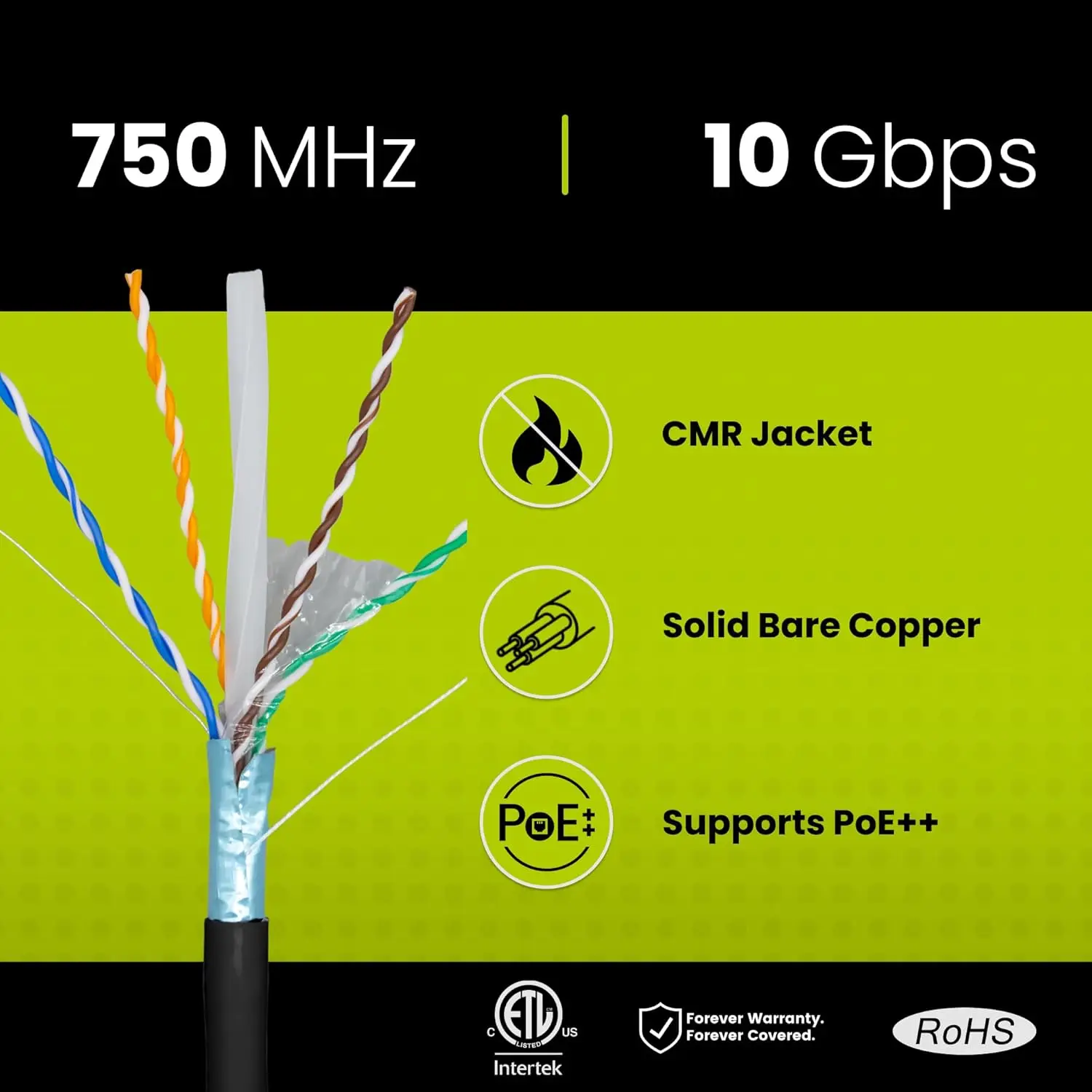 Riser schermato Cat6A (CMR), 1000 piedi, nero, rame nudo massiccio 23 AWG, 750 MHz, PoE++ (4PPoE), elencato ETL, alluminio generale