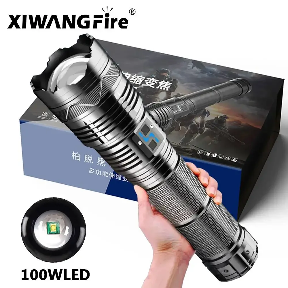 XIWANGFIRE High Power LED Flashlight Super Bright Spotlight Rechargeable Zoomable Emergency Outdoor Tactical Torch Power Display