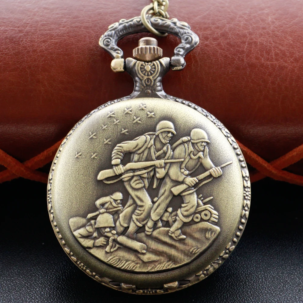 New Bronze Soldier Pattern Pocket Watch Necklace Fob Chain Steampunk Clock Quartz Vintage Pocket Watch Gift for Men and Women