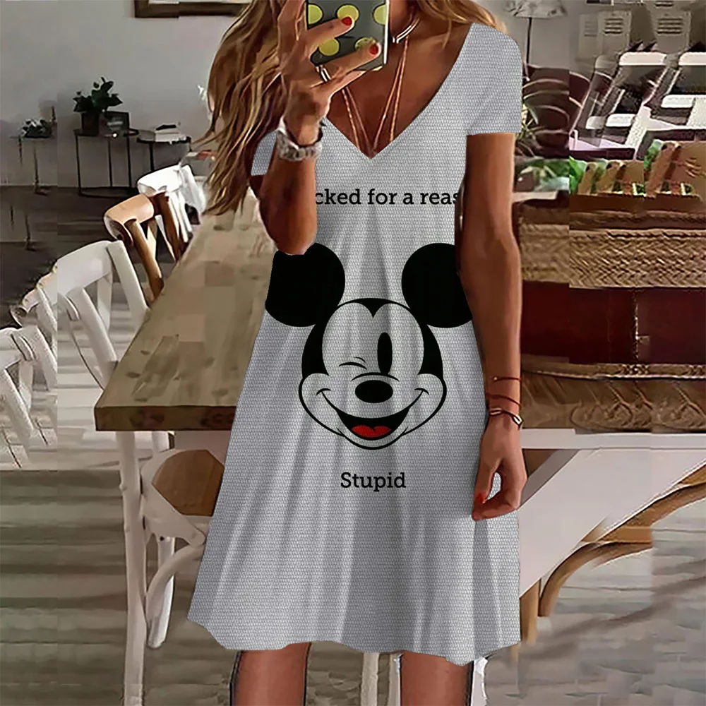 

2024 Women's Disney Mickey Mouse Print Dress Summer Pullover Fashion Plus-Size Dress Casual Loose V-Neck Ladies Party Dress