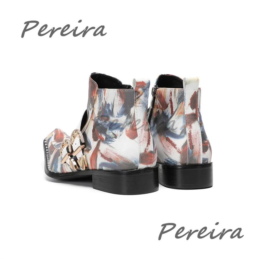 Colorful Graffiti Genuine Leather Short Boots Double Belt Buckle Square Toe Low Heel Ankle Booties Trendy Cow Print Men's Shoes