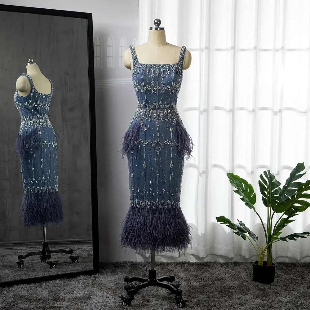 Serene Hill  Crystal Feathers Dubai Evening Dresses  Elegant Blue Lace Midi Arabic Party Gown LA71492A Customized