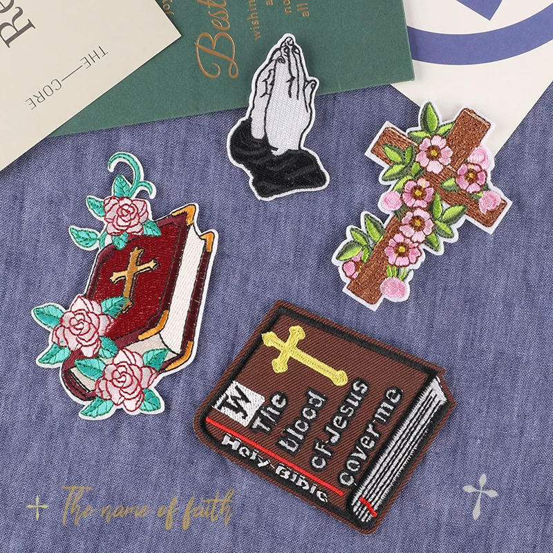 

Jesus Pray Cross Easter Patch Embroided Patches Clothing Stickers Applique Diy Hat Bag Punk Cross Fusible Patch Badge