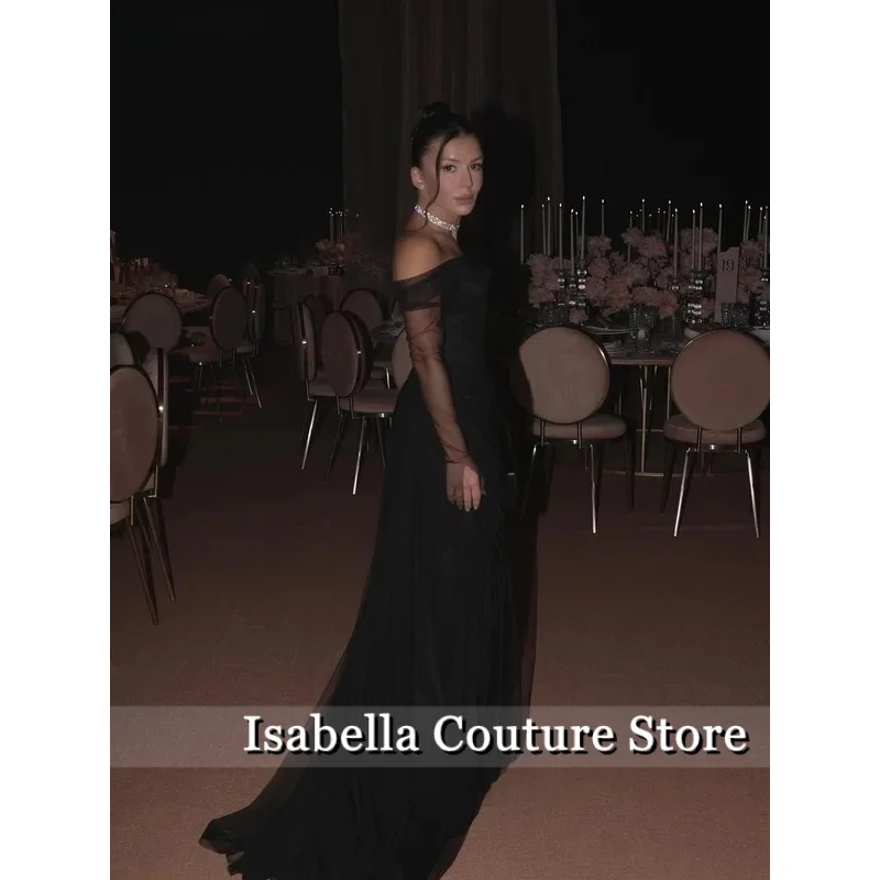 Czarna tiulowa suknia wieczorowa z odkrytymi ramionami, krój syreny, na formalne okazje, z trenem, arabskie suknie balowe, szyta na miarę.