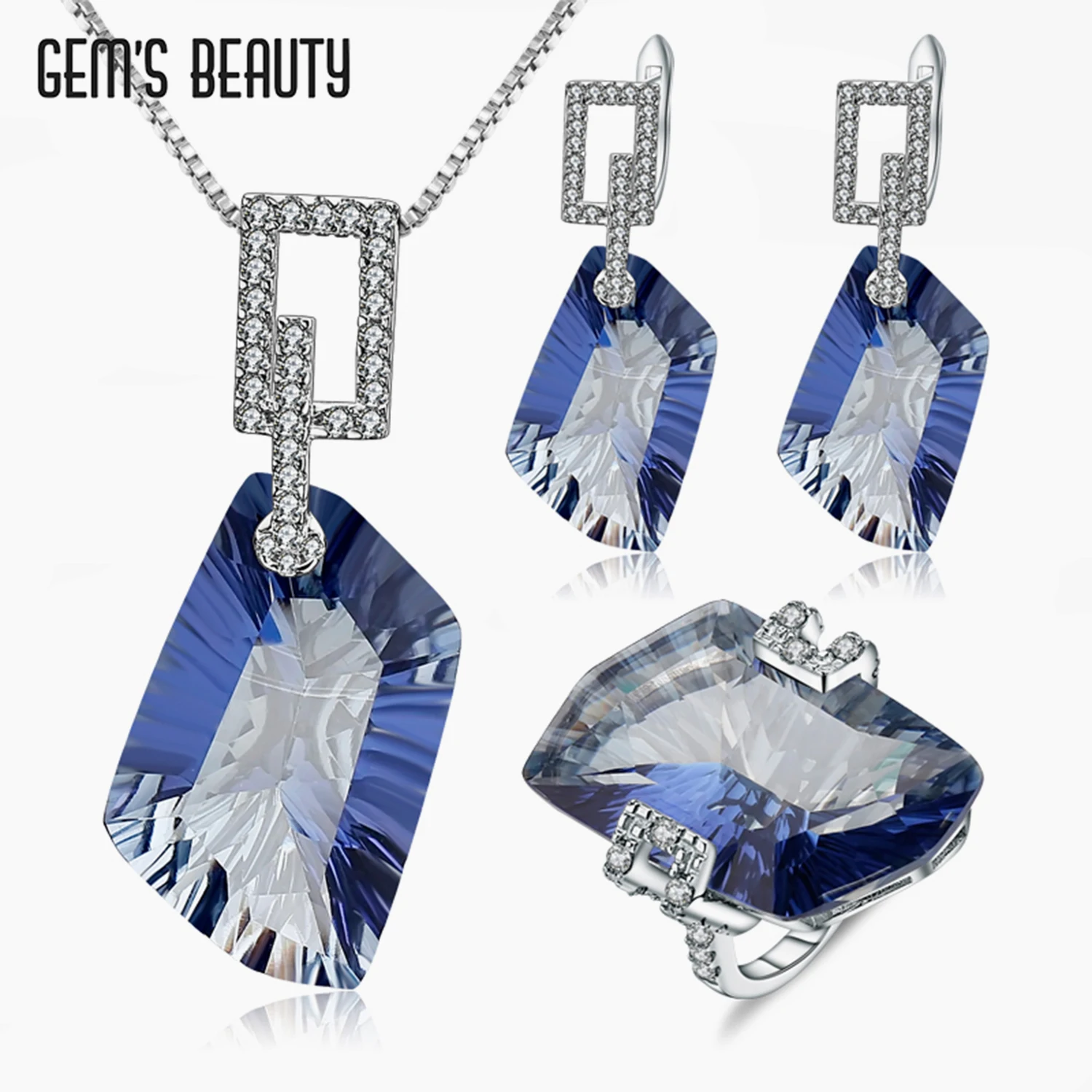 

Gem's Beauty 925 Silver Ring Drop Earring Necklaces Jewelry Set Heterohexagon Iolite Blue Mystic Quartz Women Jewelry Set