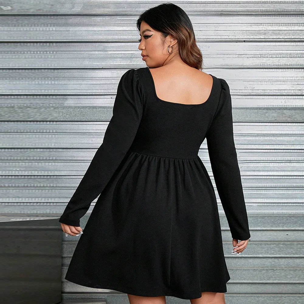 Vestido feminino plus size na altura do joelho manga comprida preto sólido vestido grande para mulheres outono inverno