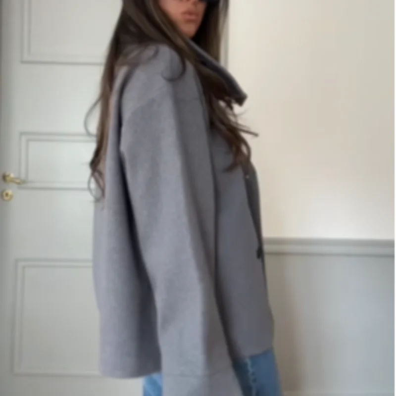 Dunkelblaue Wolljacke für Damen, 2025, Frühling, einreihig, Stehkragen, lockerer weiblicher Mantel, Bürodame, Straße, kurze Oberbekleidung, Tops – Detail 32