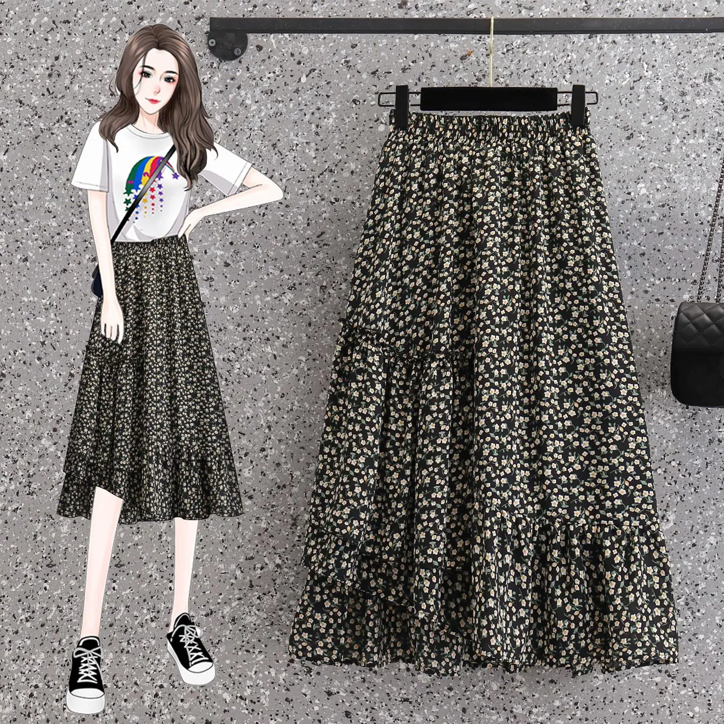 

Large Size Women Floral Elastic High Waist Skirt 2023 Summer French Irregular Cascading Ruffle A-line Skirt MissLymi L-5XL