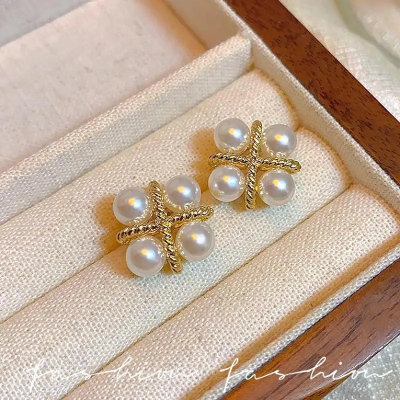 925 Silver Needle Korean Fashion Cross Pearl Earrings For Women Jewelry 2026 Trending New Luxury Women's Vintage Stud Earrings - view 5