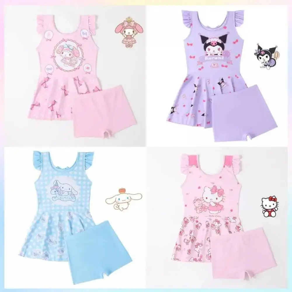 

Детский купальник Kawaii с героями мультфильмов Kuromi, аниме Sanrio, модный летний быстросохнущий солнцезащитный крем для девочек, горячий весенний купальник, пляжная одежда