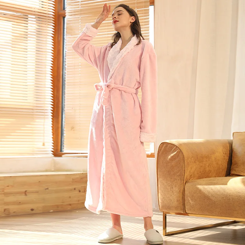 Women Extra Long Thermal Flannel Fur Bathrobe Plus Size Winter Warm Pregnant Bath Robe Zipper Hooded Dressing Gown Men Sleepwear