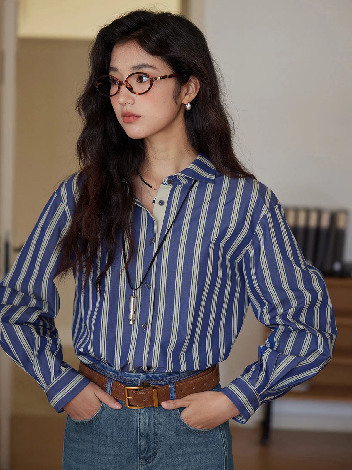 

Solighter, винтажные свободные длинные женские брюки в синюю полоску, осень 2021, новинка, удобный хлопок для поездок на работу, мода