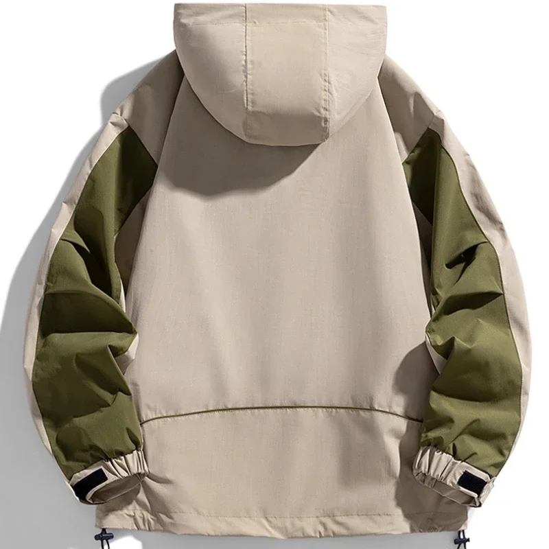 2026 Men's Spring Autumn Waterproof Hiking Jackets Patchwork Windproof Black Jacket Fishing Camping Climbing Coats Hooded Khaki