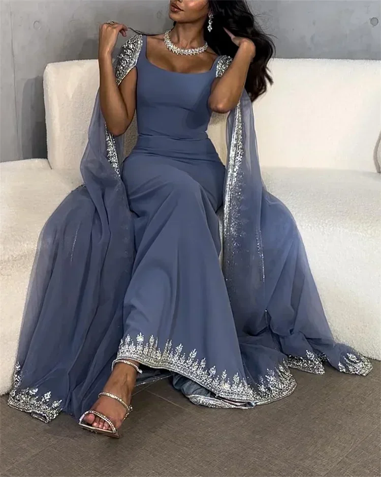 Customized Evening Dresses Luxury Crystal Blue Mermaid Dubai Evening Dresses  Cape Sleeves Elegant Arabic Women personalized