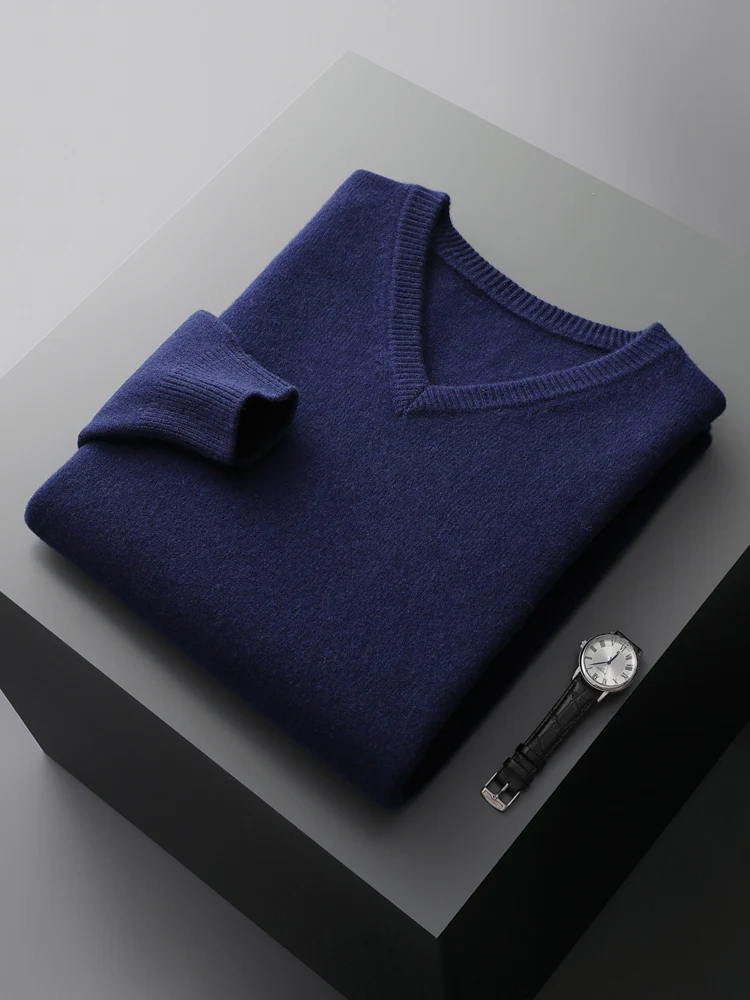 Men's V-Neck Merino Wool Sweater Thick Solid Pullovers Loose Knit Base Shirt Business Casual Jacket Tops Autumn Winter New