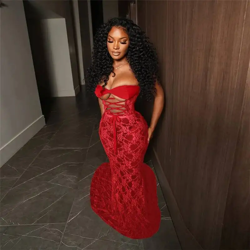 

See Through Lace Mesh Hollow Bandage Marmaid Maxi Dress for Birthday Womens Sexy Red Party Dresses