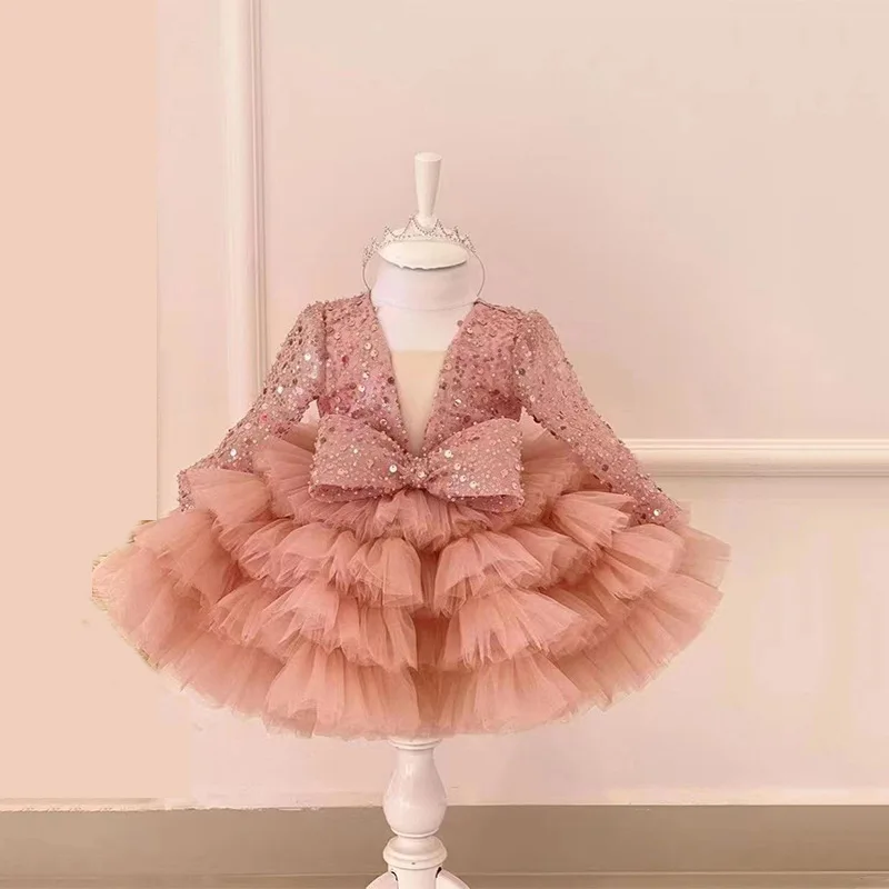 2-12 years old girl sequin long-sleeved dress girl puffy dress girl lace birthday wedding flower girl bow performance dress