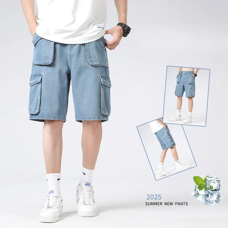 韓国クラシック Y2K マルチポケットカーゴパンツカジュアルショーツ夏の新デニムショーツだぶだぶのジーンズ薄いトレンディな弾性ウエストオーバーオール