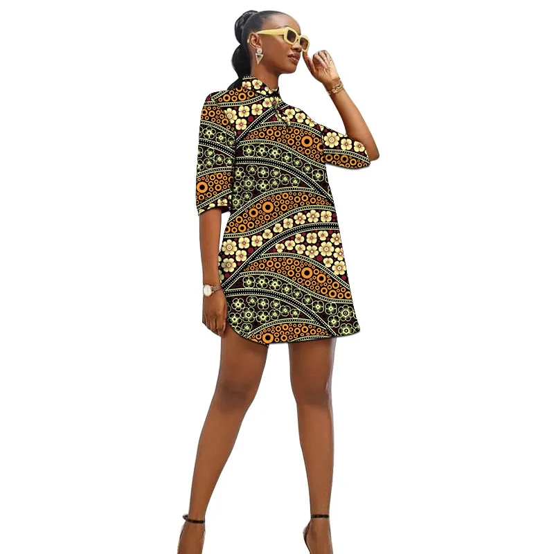 

African Couture Turn Down Collar Dress Tailored Women's Ankara Outfit Colorful Print Female Wedding Wear