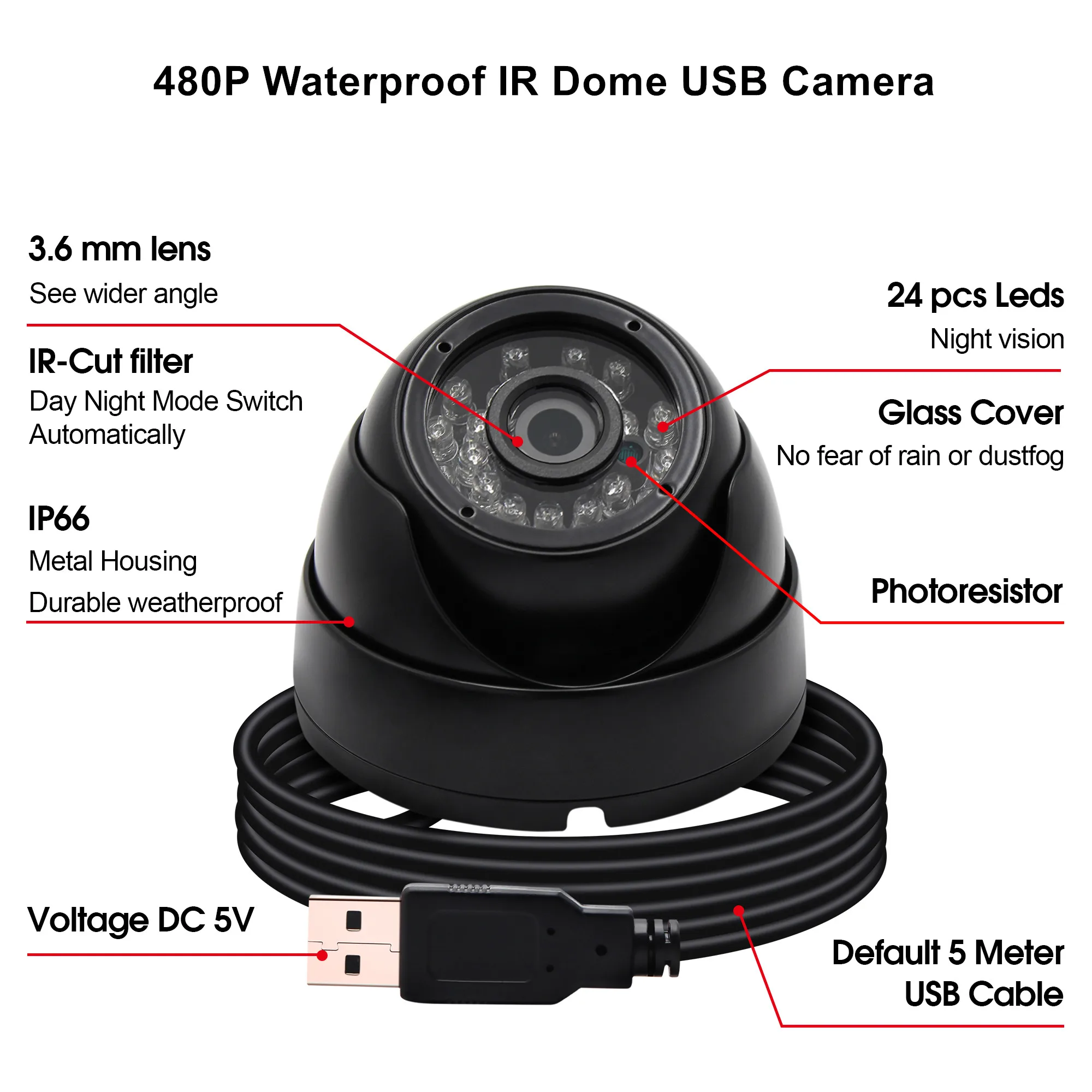 

CMOS OV7725 mini IR LED 0.3MP usb camera module with aluminum dome case
