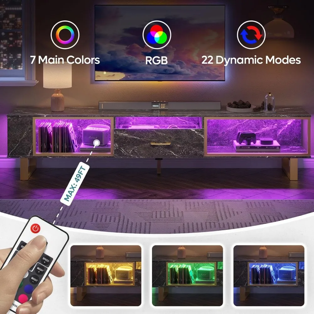 مركز ترفيهي حديث لأجهزة التلفاز مقاس 65-90 بوصة، وحامل تلفزيون LED مع مساحة تخزين ودرج مفتوح، مثالي لألعاب PS5