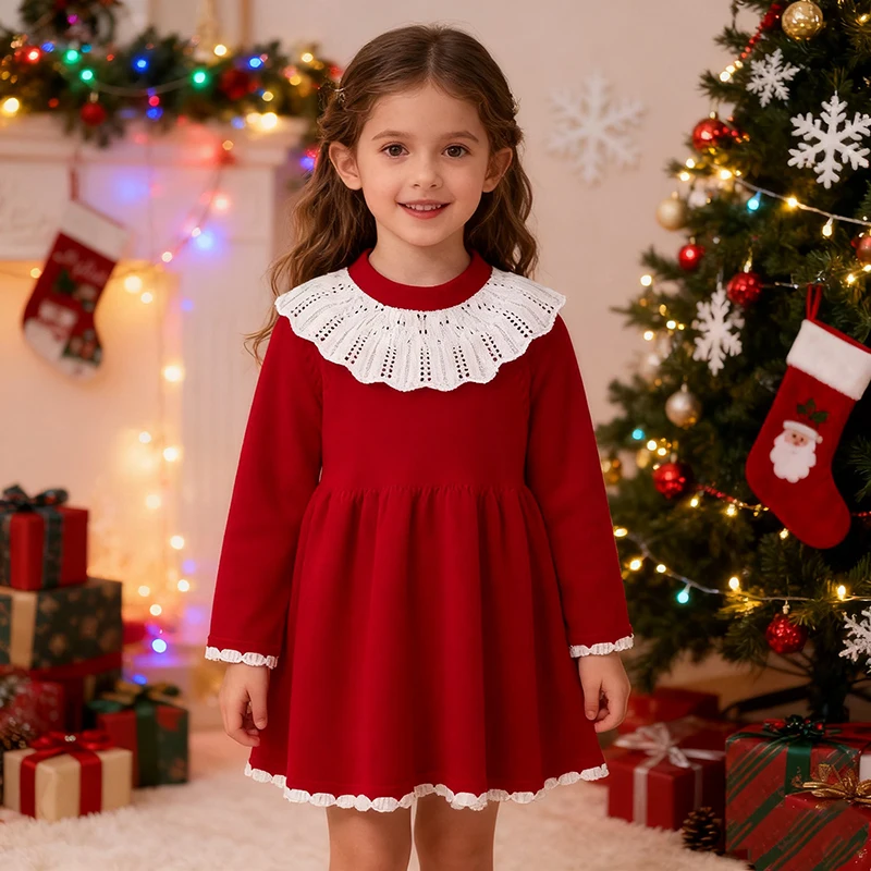 

Kids Princess Dresses 0-5Yrs Christmas Party Baby Girls Dress Children Knitting Dress Autumn Baby Girls Dress Red Sweet Knitted