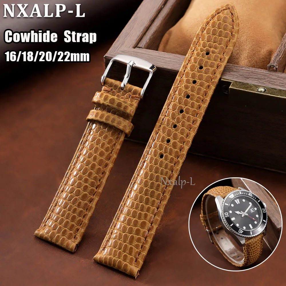 Cowhide Watch Band 16mm 18mm 20mm 22mm Lizard Grain Genuine Leather Bracelet for Seiko for Omega Men Women Universal Wristband