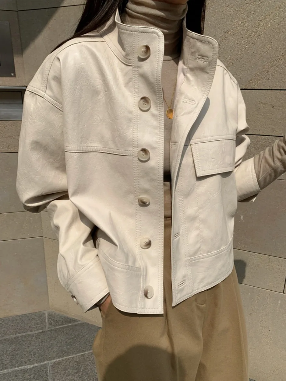 Chic Simple Autumn Long Sve Stand Collar Single Button Loose Casual Biker Jaet Outerwear Versatile Open Cardigan Leather...