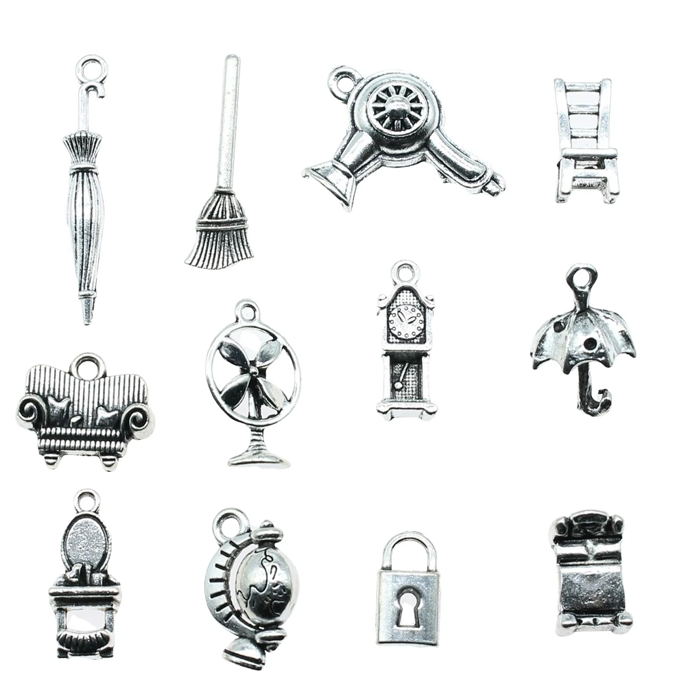 10pcs Daily Necessities Charms Umbrella Hair Dryer Broom Sofa Globe Pendants Jewelry Making Antique Silver Color