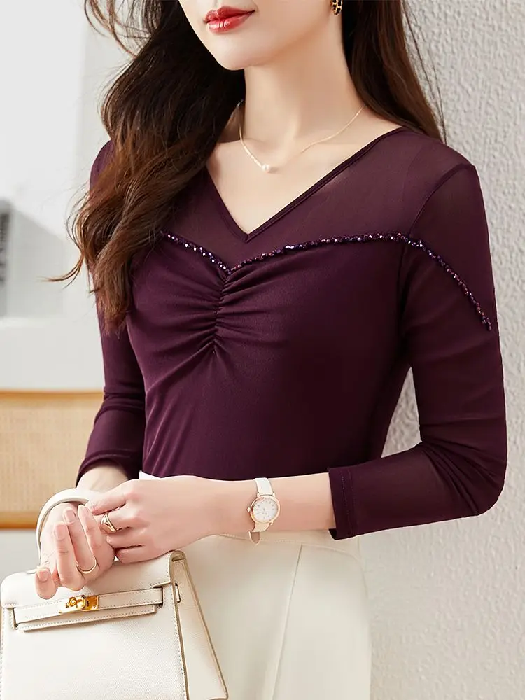 

2026 Spring Summer Thin Lightweight Mesh Tulle Women Long Sleeve V Neck Top Fashionable Base Layer Inner Wear Shirt