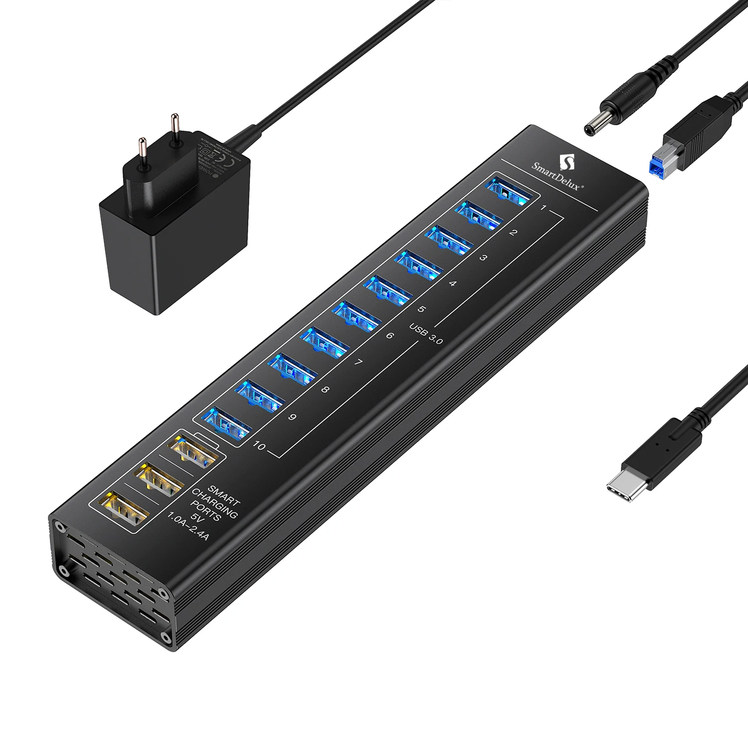 NONE 7/13 Ports USB Hub 3.0 5 Gbit/s Aluminium LED Licht USB A 3.0 Hub Splitter Verlängerung Dock 5V Netzteil für Laptop Desktop 8