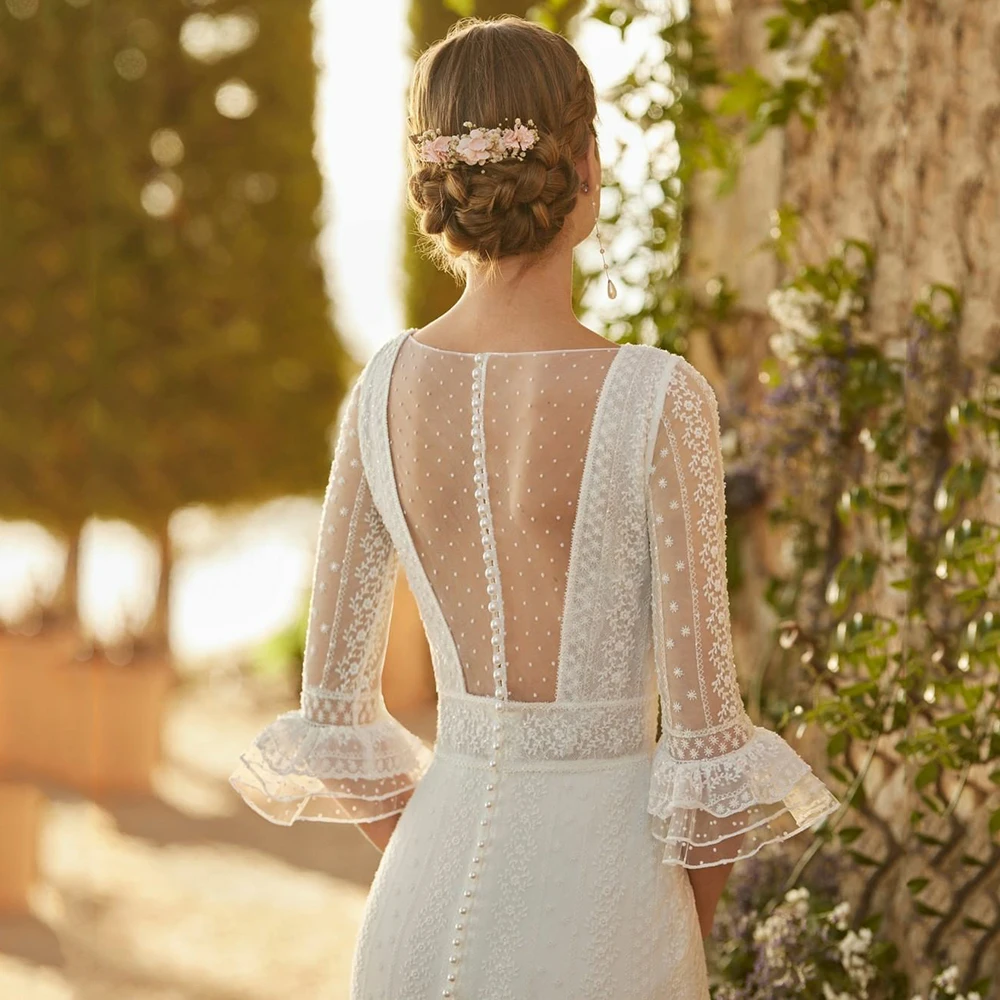 Robe de mariée bohème avec col en V et manches évasées, tulle en dentelle, ligne A, patients, quelle que soit Boho, torsion au dos, balayage, 2023