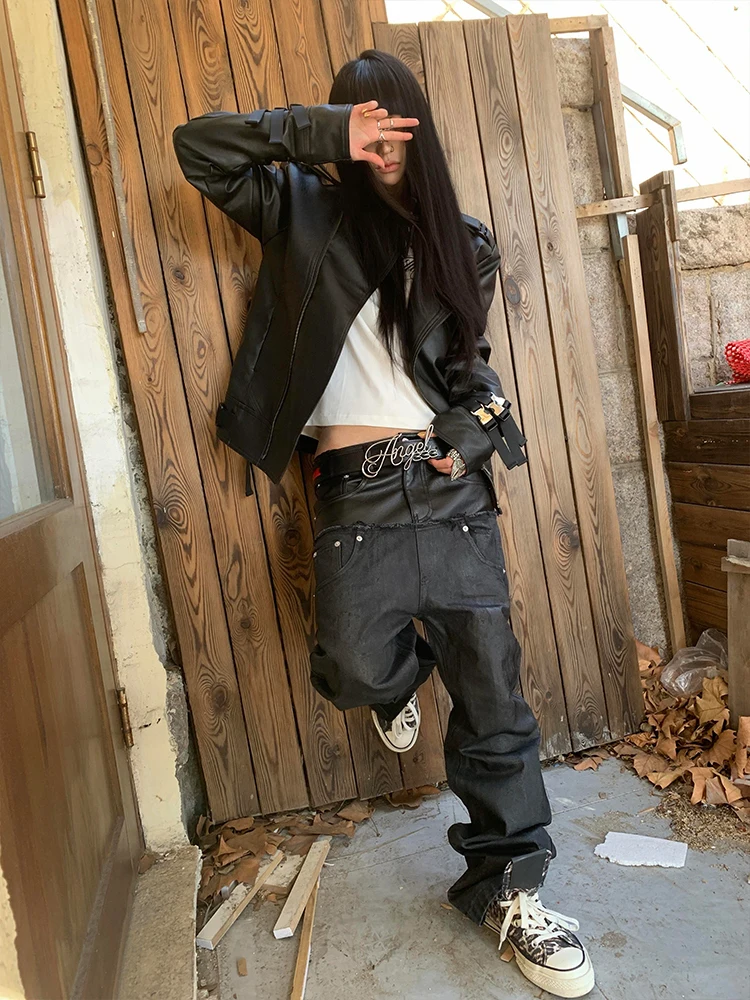 American Style Streetwear Faux Two-Piece PU Leather Splice Denim Jeans Unisex mid Waist Straight Leg Loose Fit Casual Pants