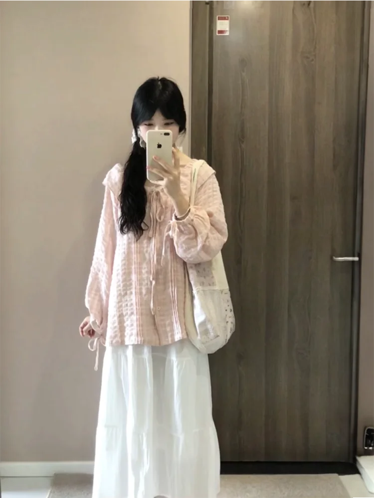 

Long Sleeve Shirts Womens Chiffon Floral Relaxed Fit Ruffled Collar Romantic Feminine White Daily Spring Outfit Comfortable