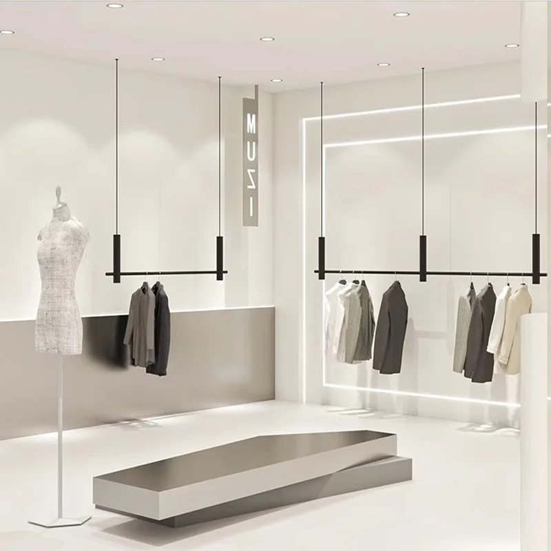 

Black Clothing Store Steel Rope Hanging Display Rack Ceiling Display Rack