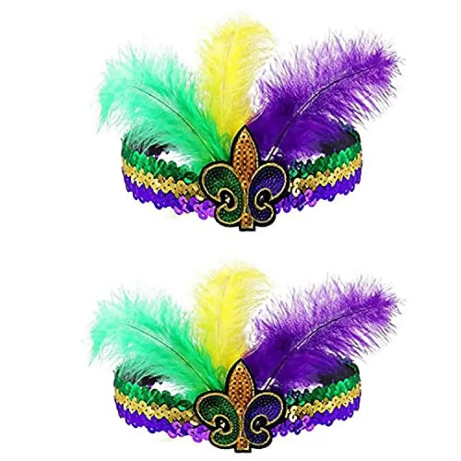 

Mardi Gras Feather Headband, Sequin Headband for New Orleans Masquerade Mask Party Faux Feather Fascinators Feather Headband Co