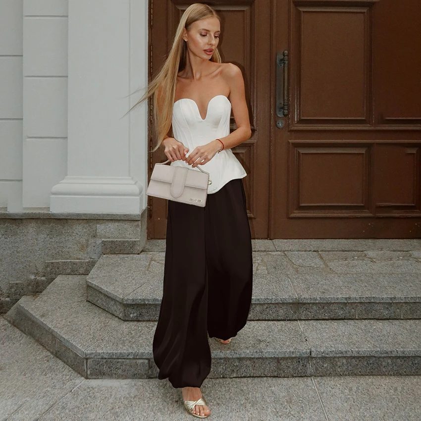 Linad أنيقة البني الساتان البنطلونات للمرأة الصيف الشارع شيك عالية الخصر السراويل الطويلة بناطيل فضفاضة غير رسمية الإناث 2025 الخريف #3