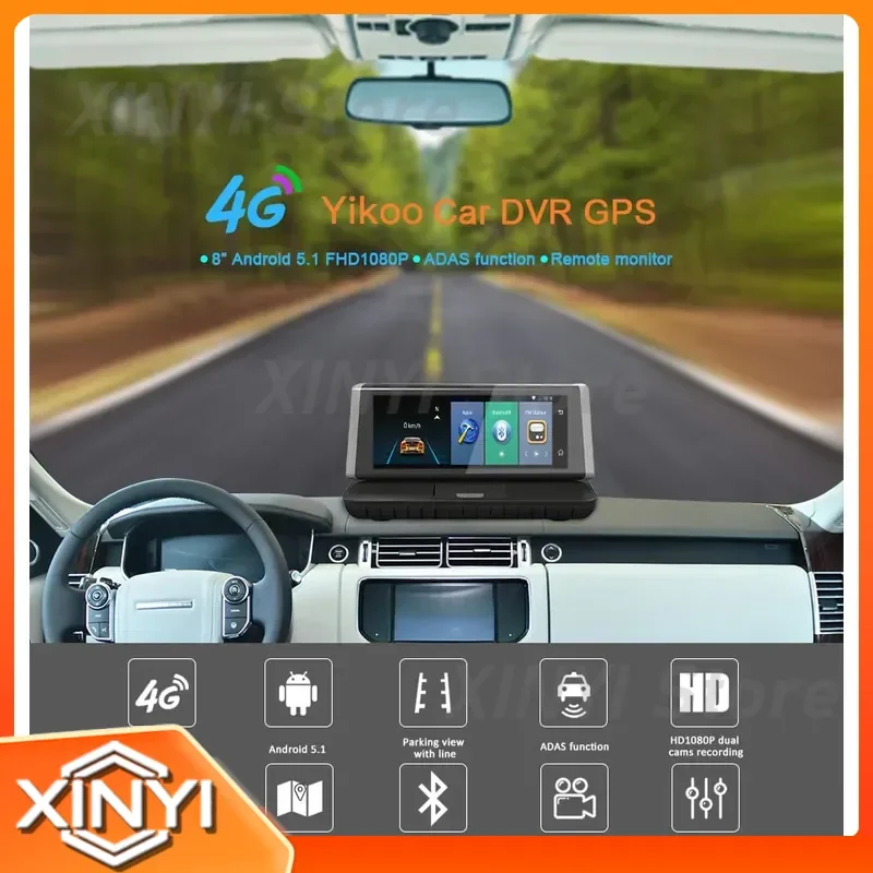 for 8 Inch Touch Screen 4G Android WiFi GPS Car DVR Dash Cam Dual Lens Full HD 1080P Video Recorder 16GB ROM ADAS Camera