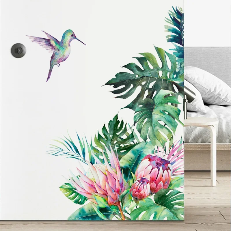 Tropical Leaves Wall Refrigerator Stickers Flowers Birds  Mural Wall Decals Removable Bedroom Living Room Decoration Home Decor