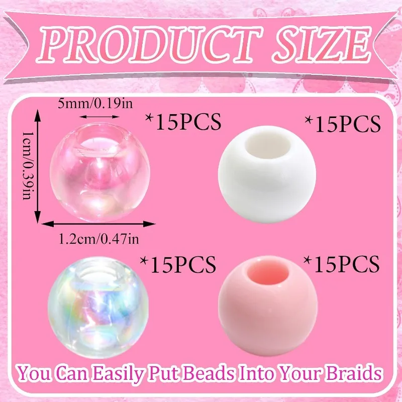 60PCS Silicone Hair Beads for Braids, Light Pink Matte & Iridescent Clear Pony Beads with Tool for Kids Locs, Glittery Dreadlock view 4