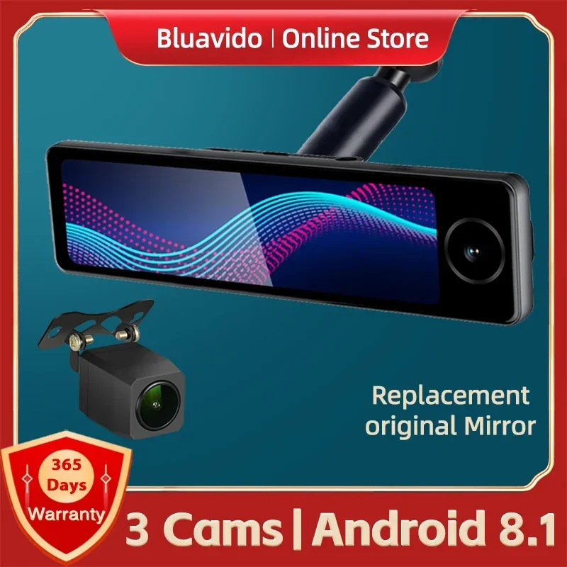 Bluavido 4G ADAS Android DashCam 2GB+32GB GPS 3 Cameras IPS Screen WiFi Bluetooth 1080P Car Rear View Mirror Video Recorder DVR