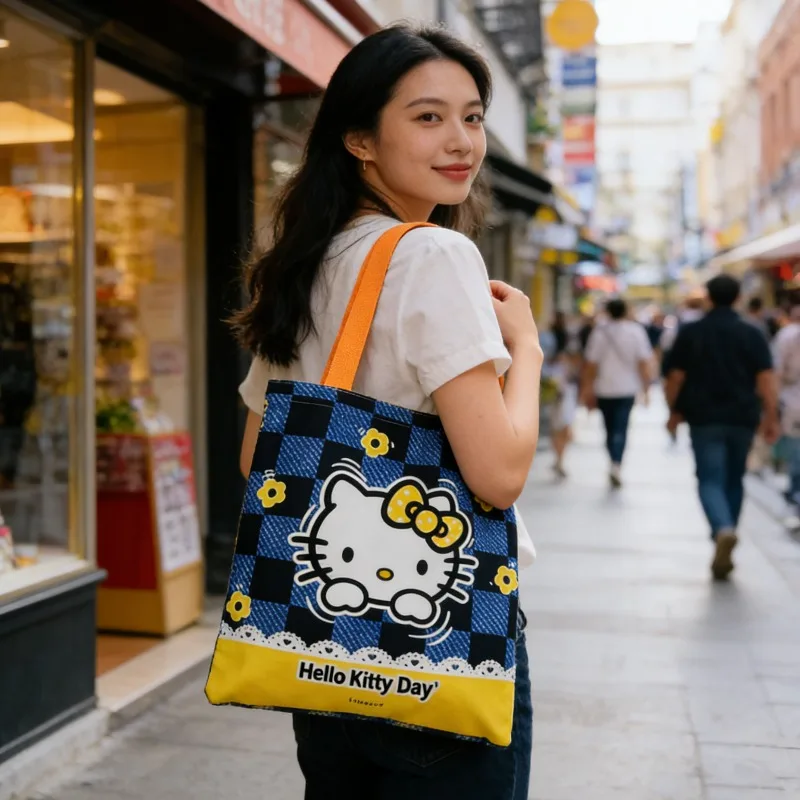 

Холщовая сумка через плечо Hello Kitty, вместительная холщовая сумка-тоут, клетчатая сумка для хранения с мультяшным принтом для ежедневных покупок