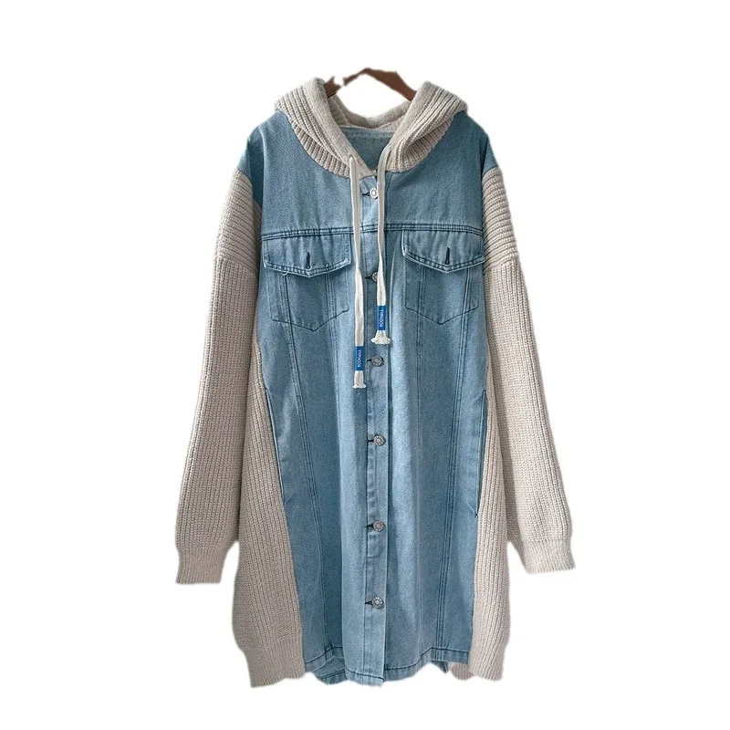 SuperAen Denim Patchwork Sweater Coat Women 2024 Autumn Winter New Fashion Design Long Hooded Knitting Cardigan Casual Coat