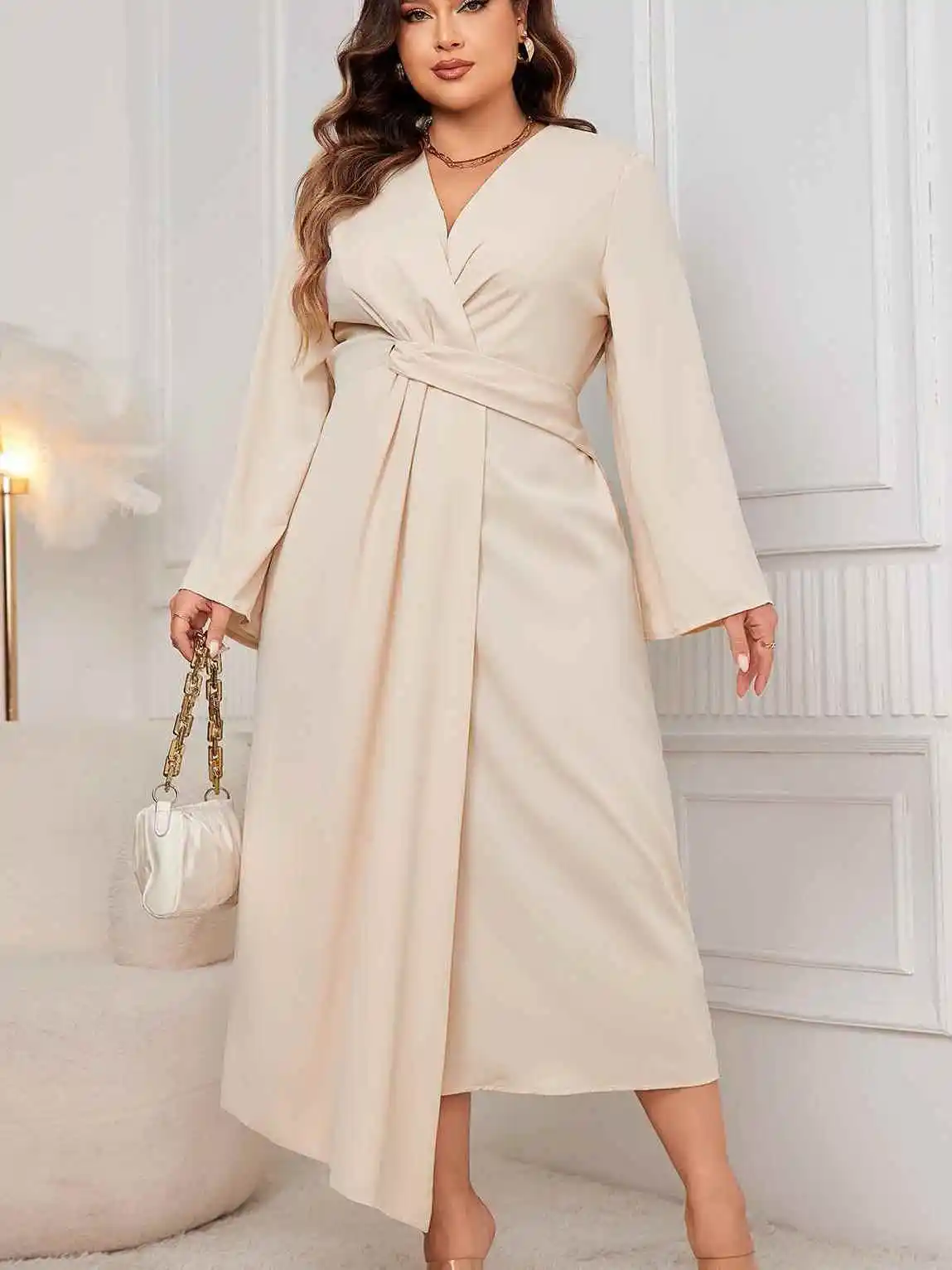 

Ele plus Size Autumn Long Dr Asymmetrical Waist Cinched Slim Fit Midi Skirt High Waist Polyester Fiber Spring Home Wear